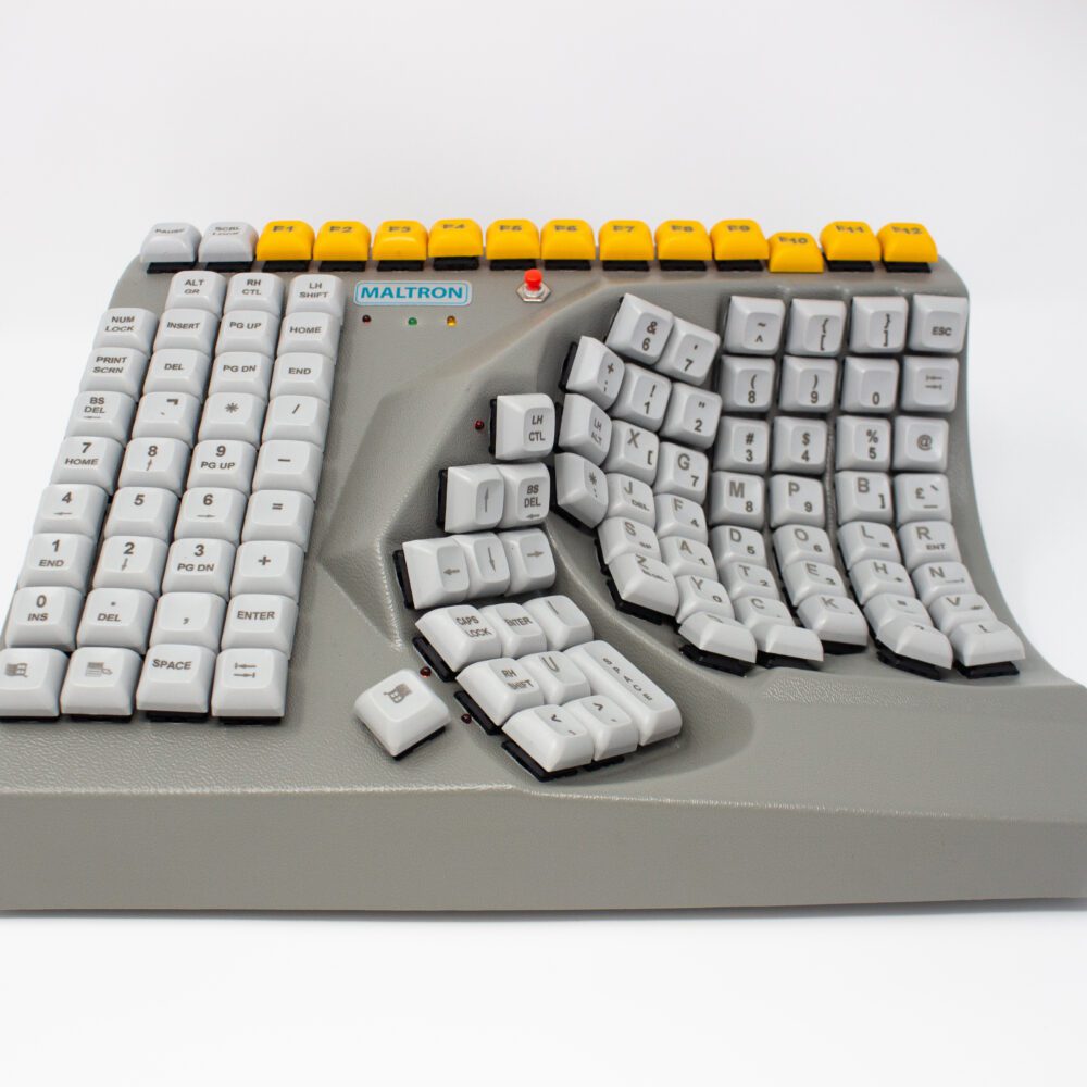 Keyboard with all keys in a one handed orientation.