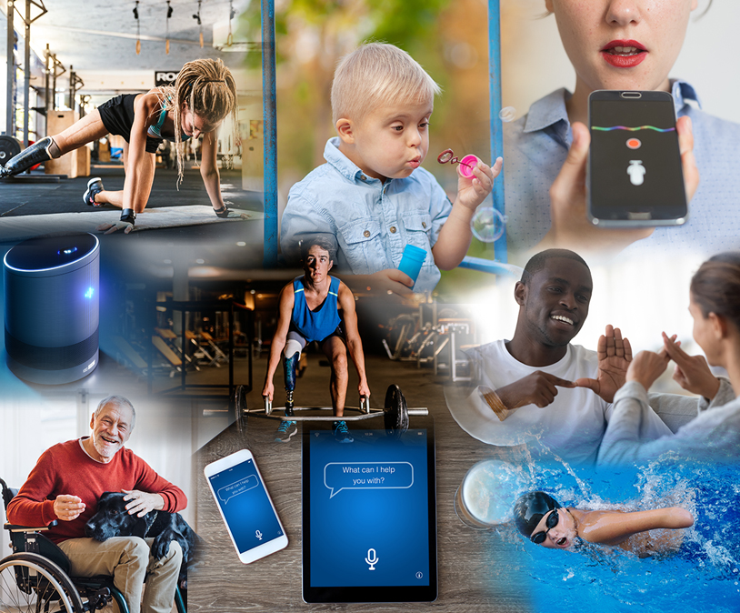 Collage representing Floridians using assistive technology and devices to improve their lives