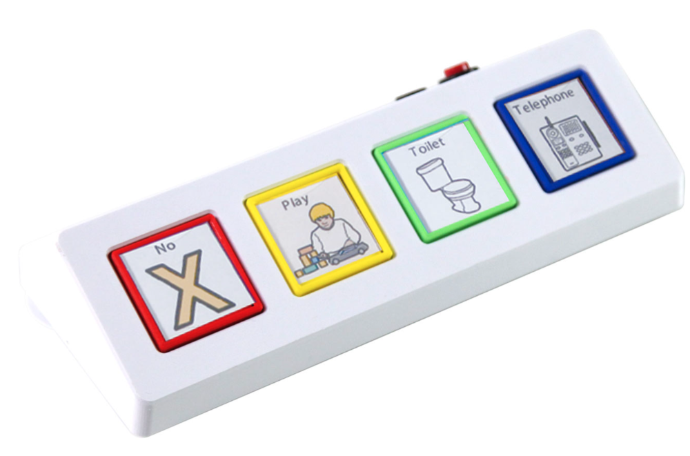 White rectangular device with 4 square communication buttons with a word and picture to select