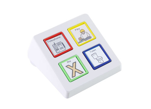 Square plastic box with 4 square buttons with communication prompts