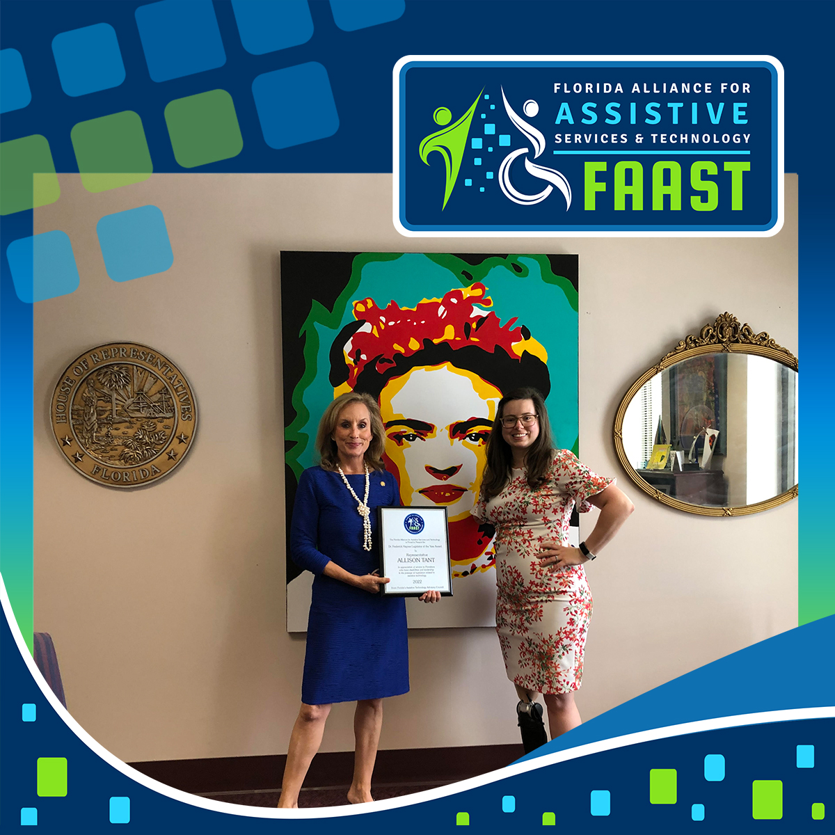 Representative Allison Tant shown with her Legislator of the Year Award with Whitney Doyle surrounded by a blue graphic including the FAAST logo