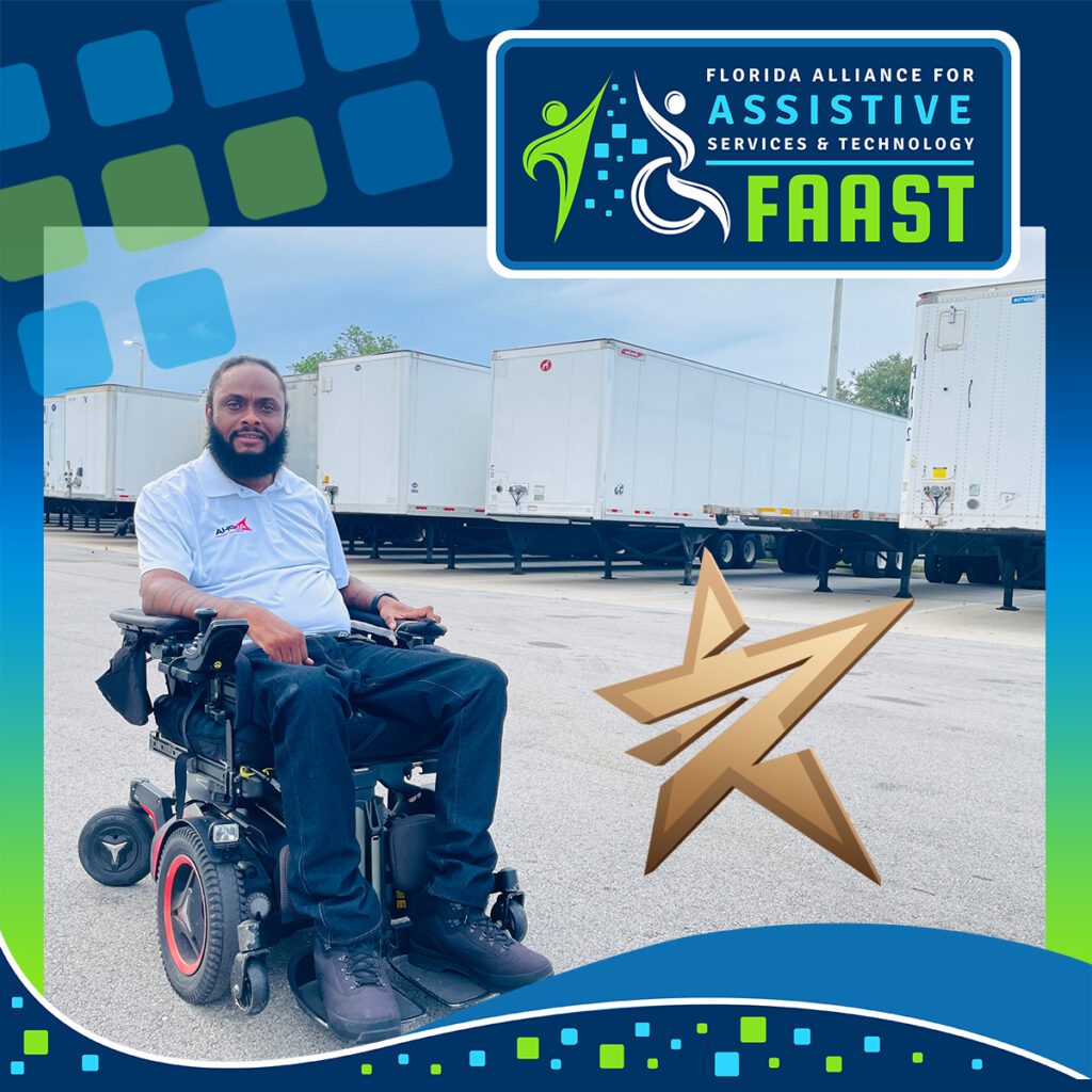 Felton Brown, co-founder of Alpha International Transport shown at his place of business using assistive equipment, awarded the 2022 Michael Phillips Assistive Technology Award of Excellence
