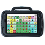 Tablet with handle on top. On screen is a communication software featuring boxes of different colors, words, and symbols.
