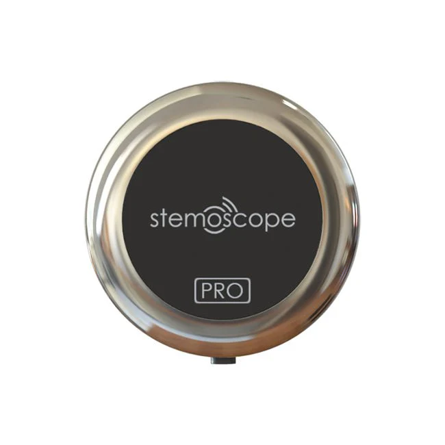 Silver circular handheld device "stemoscope" written across it.